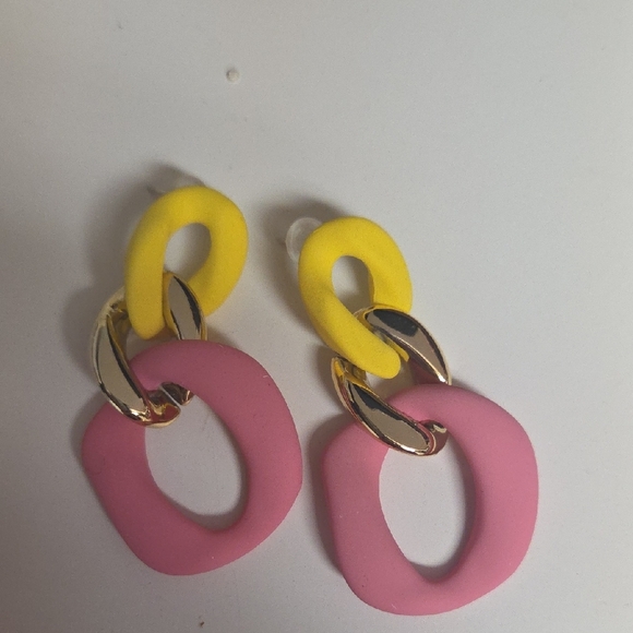 New Pink and Yellow Geometric Earrings - Picture 2 of 3